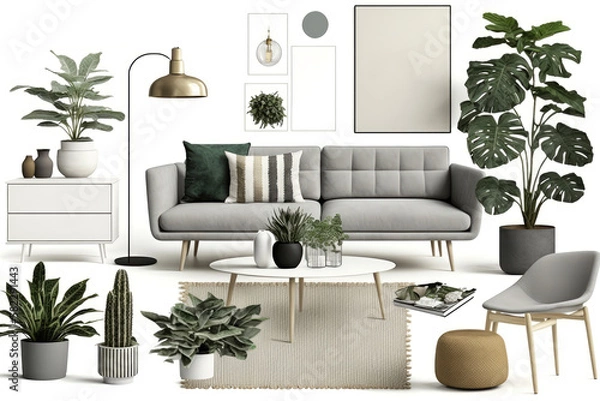 Obraz Scandinavian style interior design elements on white background living room moodboard.
