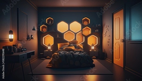 Obraz Futuristic bedroom interior, generative ai