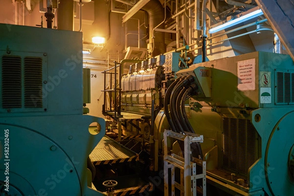 Obraz Ship's engine room. Vessel's ( Ship ) Engine Room Space / industrial stairs. Ship's Engine Heavy Machinery Space - Pipes, Valves, Engines