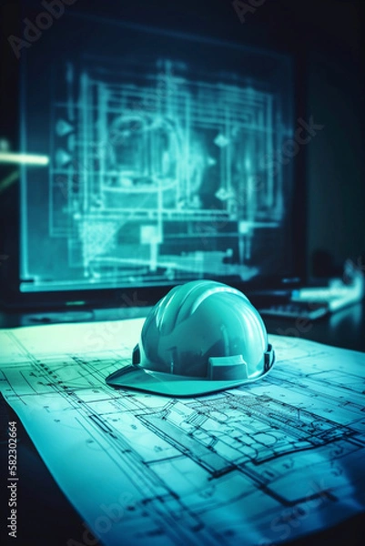 Fototapeta Capacete de proteção Equipamentos de segurança e trabalho da construção civil operários operário engenheiro arquiteto prédio no meio da obra da construção IA Generativa