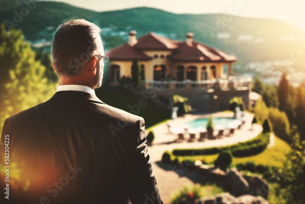 Fototapeta A successful, ultra-rich businessman gazes at his stunning mansion, admiring the grand architecture and lavish design. Symbol of wealth and elite living showcases his financial success. Generative AI