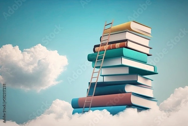 Fototapeta Abstract book stack with ladder on sky with clouds background. Ladder going on top of huge stack of books. Education and growth concept. 3D Rendering. Generative AI