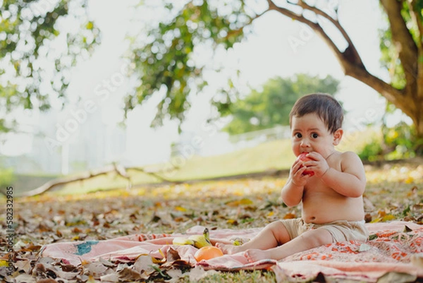 Obraz Baby eating an apple at the park