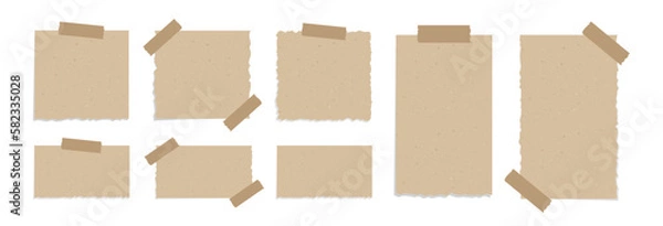 Fototapeta Vintage brown torn paper illustration set. Recycled memo note paper with adhesive tape stationery template mockup.