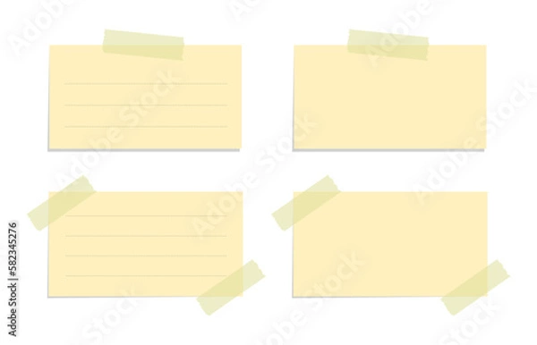 Fototapeta Yellow sticky note illustration set. Taped office memo paper template mockup.