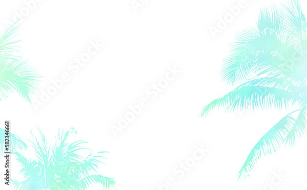 Obraz 椰子の木のシルエット・ブルー 爽やか初夏イメージ-ふんわり水彩画テクスチャ 白背景 イラスト素材 差分有
