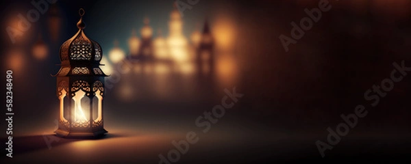 Obraz Arabic lantern Ramadan concept, copy space background. Generative AI