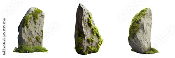 Fototapeta Beautiful natural rock with moss, transparent background, can be used for natural garden yard decoration, generative ai.	