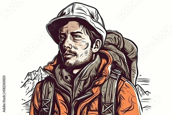 Fototapeta Minimalist Adventure: A Line Style Portrait of a Mountain Traveler