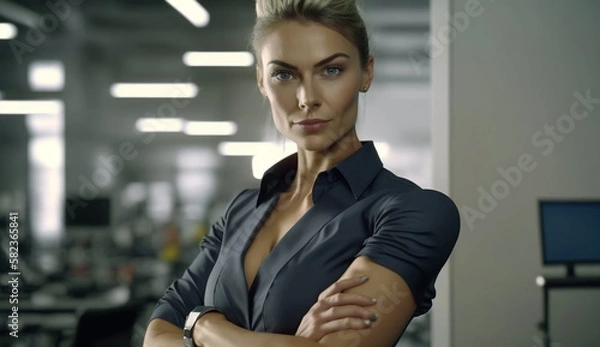 Fototapeta A strong and independent Businesswoman. Beautiful Businesswoman standing while smiling looking at camera in the office.