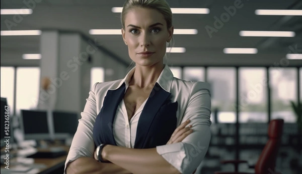 Fototapeta A strong and independent Businesswoman. Beautiful Businesswoman standing while smiling looking at camera in the office.