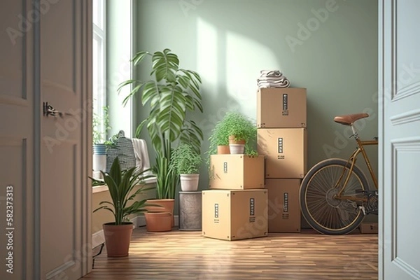 Fototapeta Moving: Boxes, Plants, Bike in Empty Room. Photo generative AI