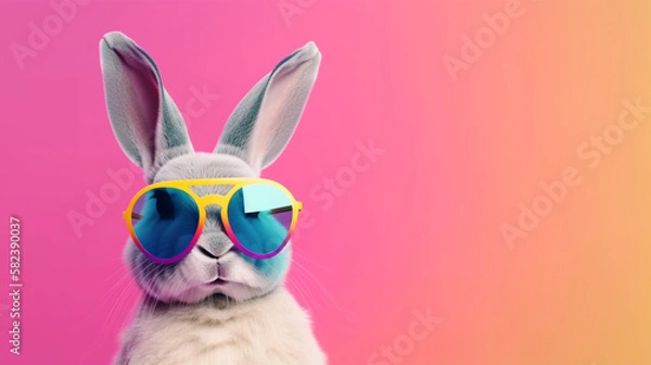 Fototapeta Cool bunny with sunglasses on colorful background. Generative AI