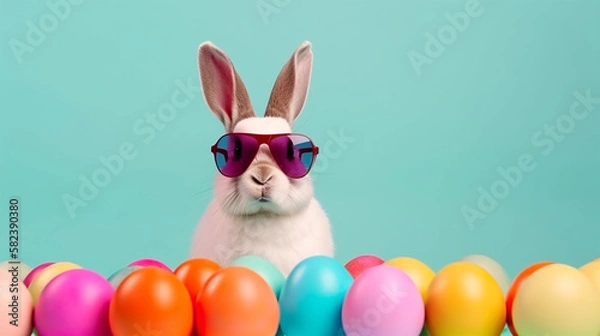 Fototapeta Cool bunny with sunglasses on colorful background. Generative AI