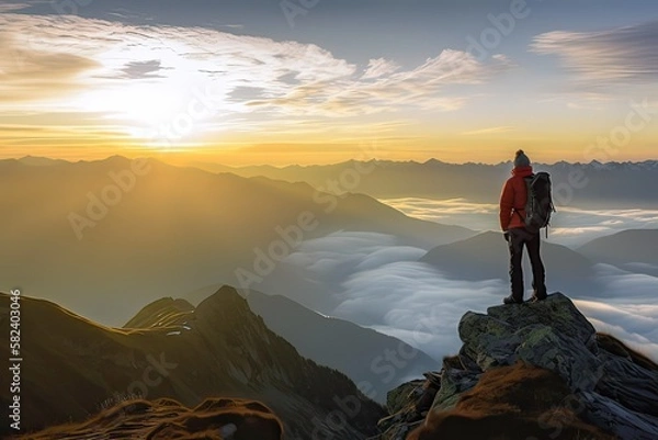 Fototapeta Hikers enjoy sunrise on mountains view. Photo generative AI