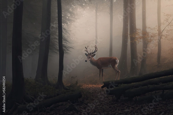 Fototapeta AI generated image wildlife of red deer with big antlers among trees at foggy morning
