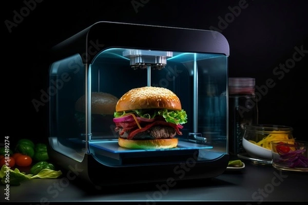 Fototapeta Holographic 3D food printer technology concept, innovation syntetic food, hamburger print. Generative AI.