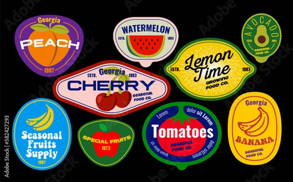 Obraz Set of seasonal fruits labels and vegetables stickers and marks or badges template for packaging isolated on black background. Vector illustration
