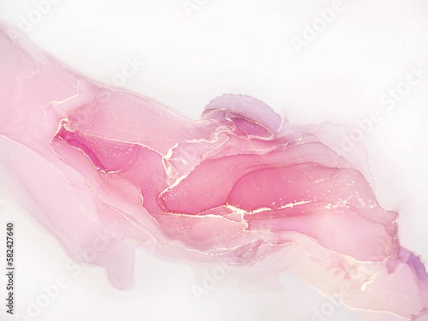 Fototapeta Abstract alcohol ink painting background in pastel pink colors with gold splashes