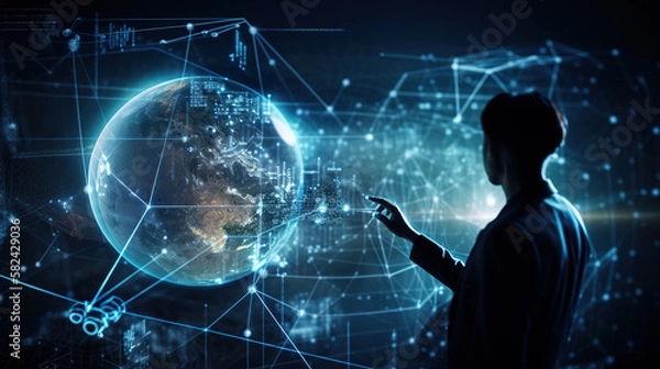 Fototapeta A man touching a big data network connection. Science and artificial intelligence technology. innovation and futuristic. AI. Machine learning. generative ai.