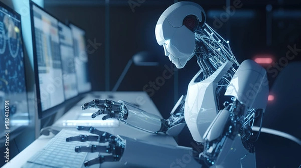 Fototapeta Robot touching a big data network connection. Science and artificial intelligence technology. innovation and futuristic. AI. Machine learning. generative ai.