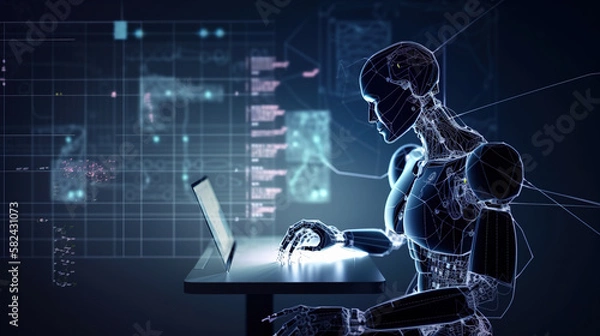 Fototapeta Robot touching a big data network connection. Science and artificial intelligence technology. innovation and futuristic. AI. Machine learning. generative ai.