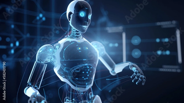 Fototapeta Robot touching a big data network connection. Science and artificial intelligence technology. innovation and futuristic. AI. Machine learning. generative ai.