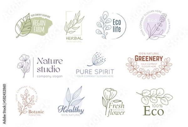 Fototapeta Natural cooking, ecology kitchen logo. Hand drawn products with bio elements, flowers for premium farm logotype design. Emblem and label with outline botanical elements. Vector line images