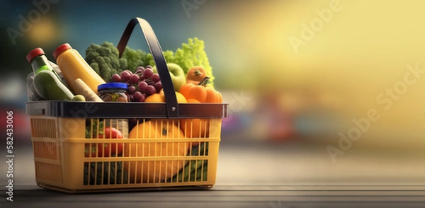 Fototapeta Shopping basket with fresh food on blur background grocery supermarket for design banner, ads, covers, and invitation. Copy space. Generative AI