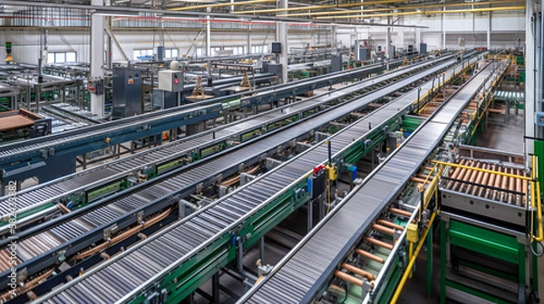 Fototapeta Improving Production Processes, Large Factory Assembling Conveyor Line, Generative AI