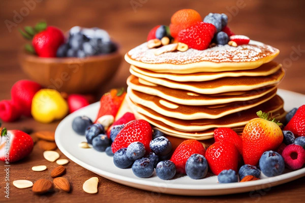Obraz 5 pancake topping with syrup fresh fruit nut strawberry  sugar studio background