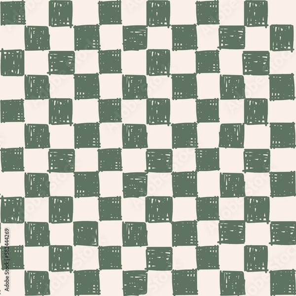 Fototapeta Irregular Hand Drawn Checkerboard Check Gingham Pattern Cool Street Trendy Olive Green Pencil Sketch Uneven Seamless Pattern