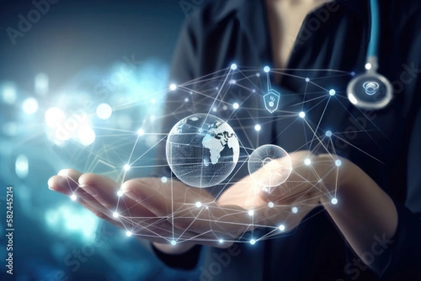 Fototapeta Connecting Medical Technology with Human Care. UI icon on a digital screen. Generative Ai