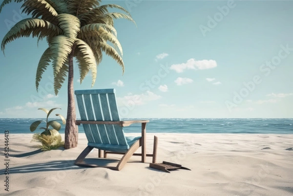 Fototapeta Tropical Getaway. Beach chair placed on a pristine tropical beach. Generative Ai