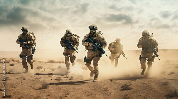 Fototapeta Military Tactical Special Squad Special Forces Unit, running through a desert, Equipped Armed Soldiers, Full Gear, Wartime, Battlefield Epic Scene	