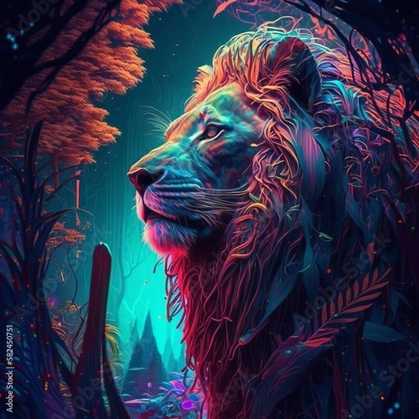 Obraz Electric Jungle: A Cyberdelic Lion's Domain