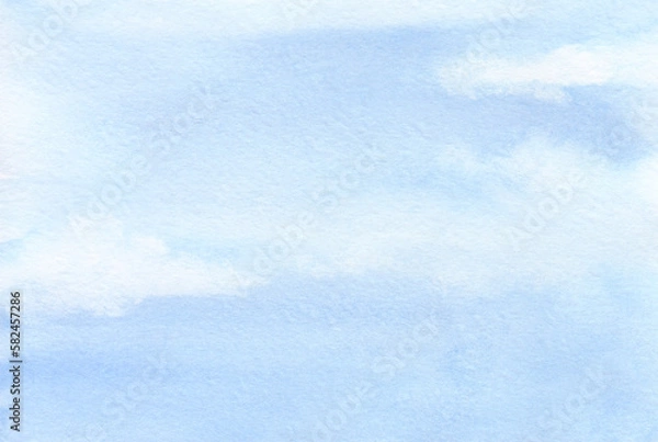 Fototapeta Blue, gentle, spring watercolor, texture background with a view of the sky and clouds in clear weather. Drawn by hand on paper. For decoration and design with place for text.