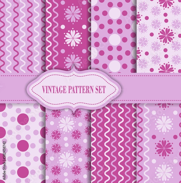 Fototapeta 8 different vector seamless patterns tiling . Blue, cyan and white color. Endless texture can be used for printing on fabric and paper. Shape of lines, square, flower and dot
