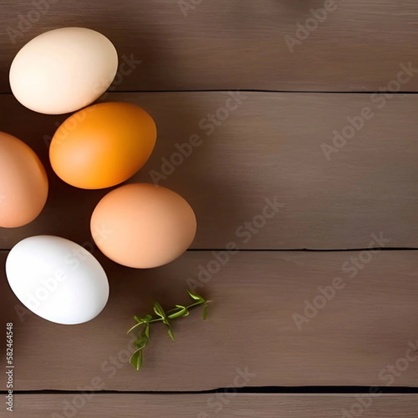 Fototapeta Chicken eggs on brown boards. Still life of red and white eggs for Easter. Still life photography with food, top view.