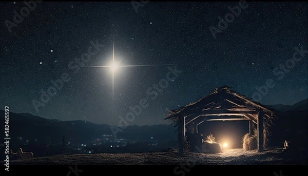 Fototapeta The star shines over the manger of Christmas of Jesus Christ. Concept. Generative AI.