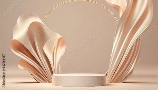 Fototapeta A 3D beige podium display mockup for presenting beauty and cosmetic products in a feminine setting. Perfect for showcasing products. Generative ai technology
