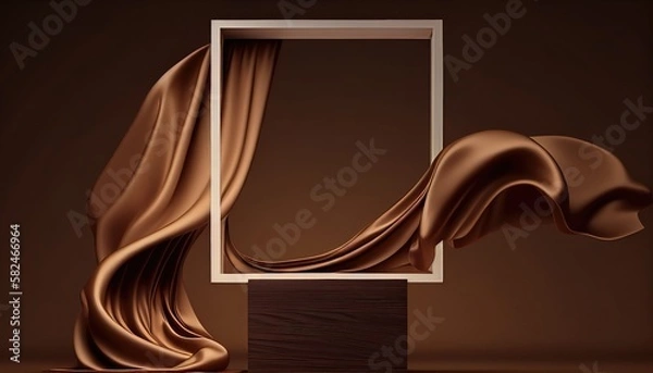 Obraz 3D background. Podium display mockup. Brown silk cloth in motion. Gold frame for Beauty, product, cosmetic presentation. Feminine scene with pedestal.  Generative AI Technology