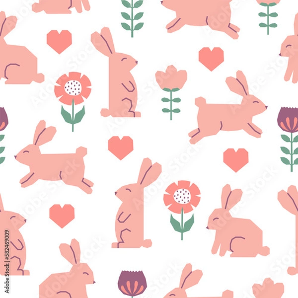 Fototapeta Seamless pattern with Easter rabbits, flowers and hearts. Cutout colorful elements on white background.