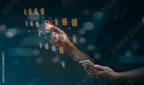 Fototapeta Agile software development is a lean project management philosophy and technology for quick changes. Business developer using laptop and Kanban board framework.