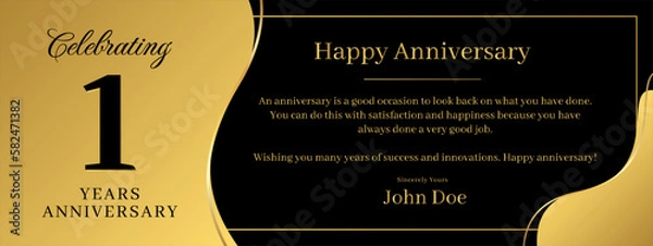 Fototapeta 1 year anniversary, a banner speech anniversary template with a gold background combination of black and text that can be replaced