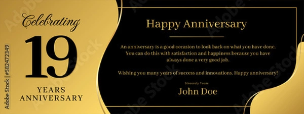 Fototapeta 19 years anniversary, a banner speech anniversary template with a gold background combination of black and text that can be replaced