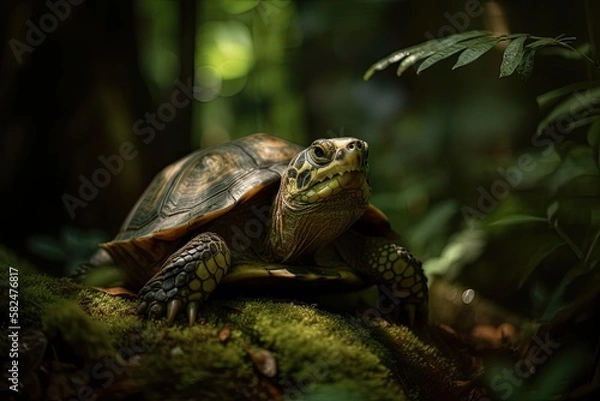Fototapeta Turtle close up in tropical forest. Generative AI