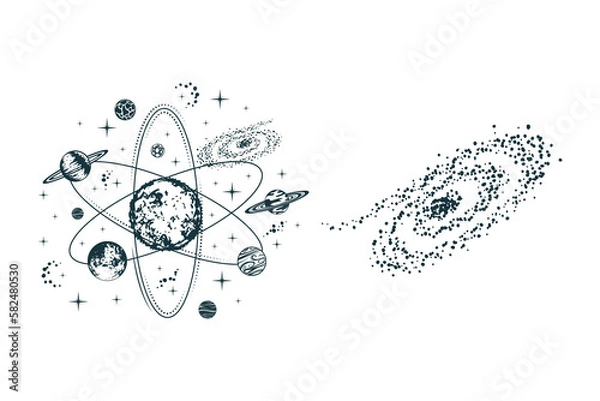 Obraz Celestial planets, solar system, galaxy and stars. Two hand drawn mystical vector illustrations isolated on white background for poster, card, t-shirt design and tattoo.