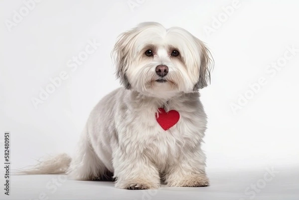 Fototapeta A sweet Valentine's Day Havanese dog wearing a red heart is seen in isolation on a white backdrop. Generative AI