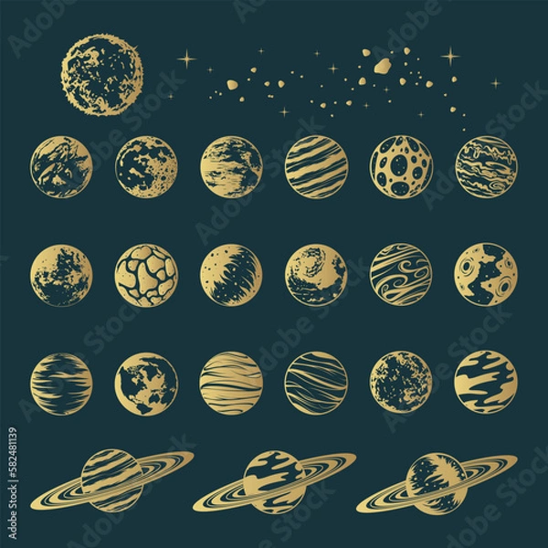 Obraz Golden galaxy planets celestial collection. Hand drawn isolated  set of 22 space design elements for print, poster and greeting card.